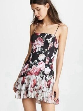 Fame & Partners “Oksana” Floral Dress Black & Pink Print Pleated Skirt Women’s 6